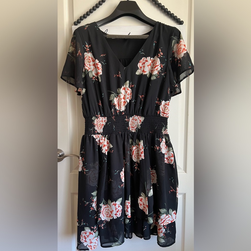 Torrid Black Floral Dress Ruffle Lined Smocked Waist 1x Plus 14 16 Sheer Flutter